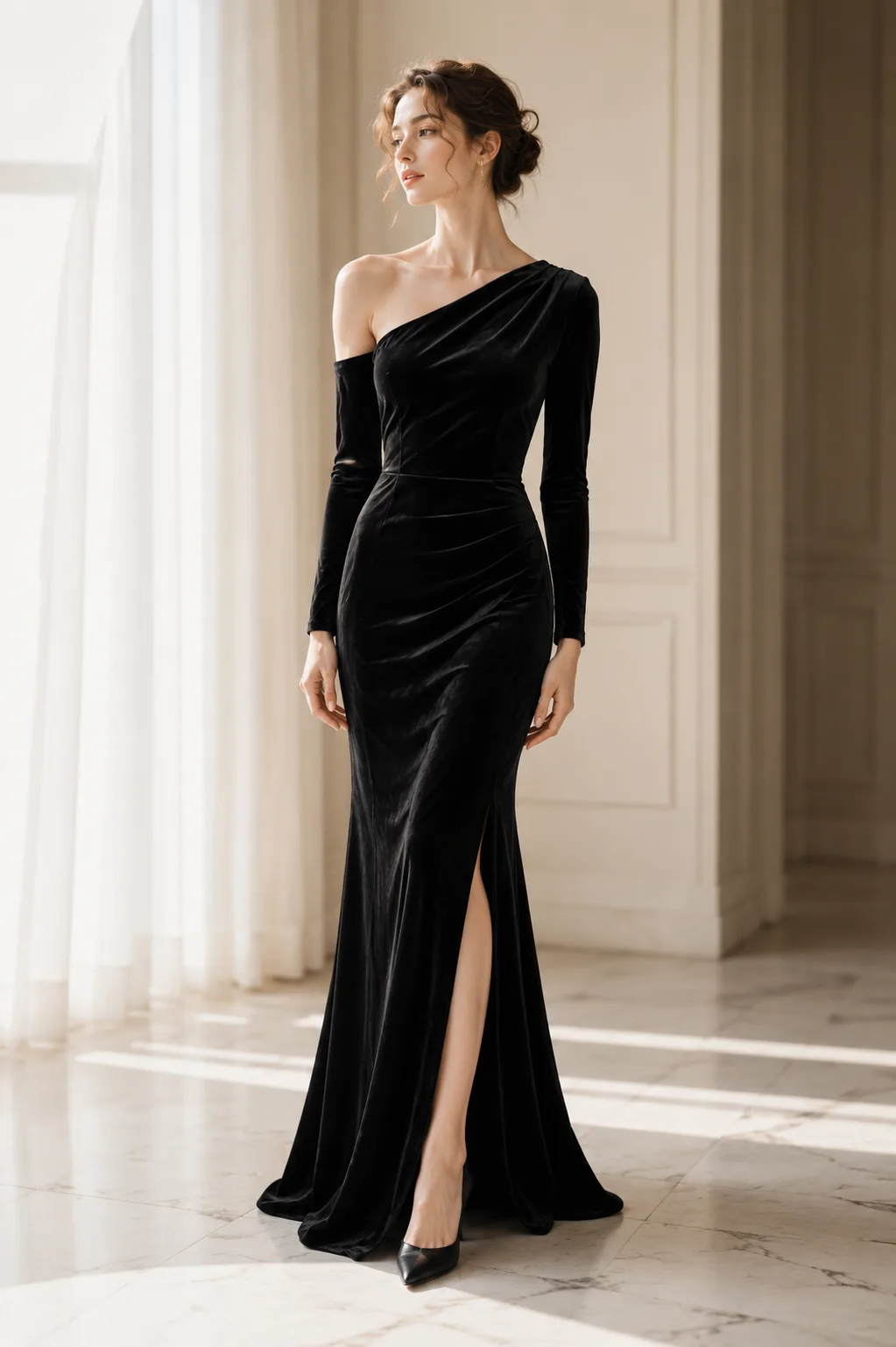 Velours Grace Dress（Black）ワンショルダーの正面スタイル